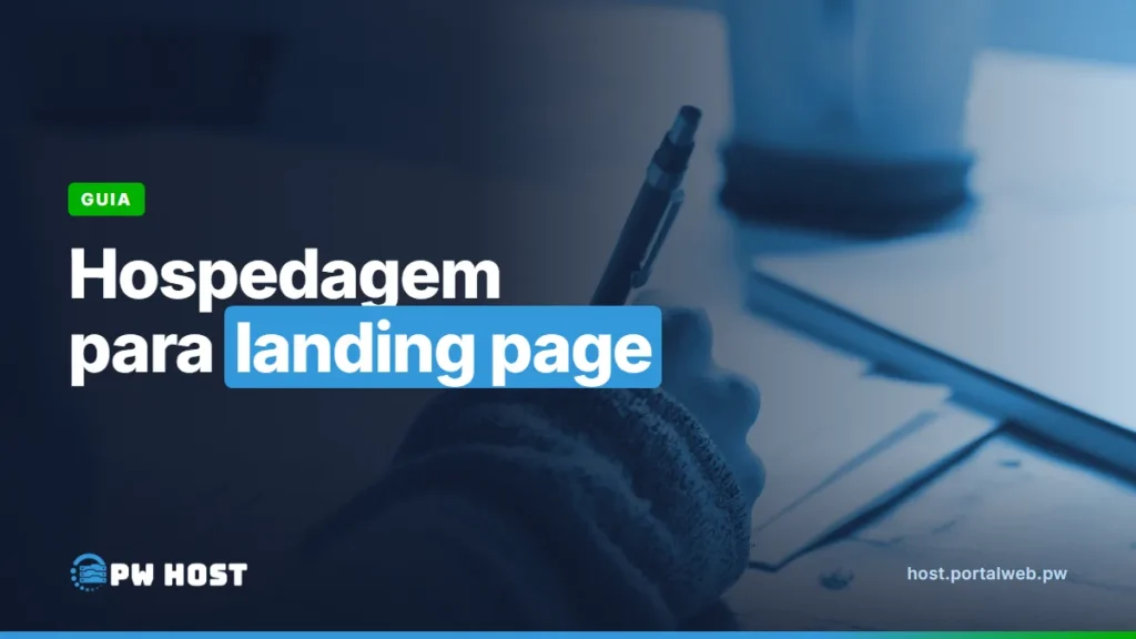 Hospedagem para landing page. Foto: mão segurando uma lapiseira sobre esboços de páginas em papel, com uma caneca ao fundo.