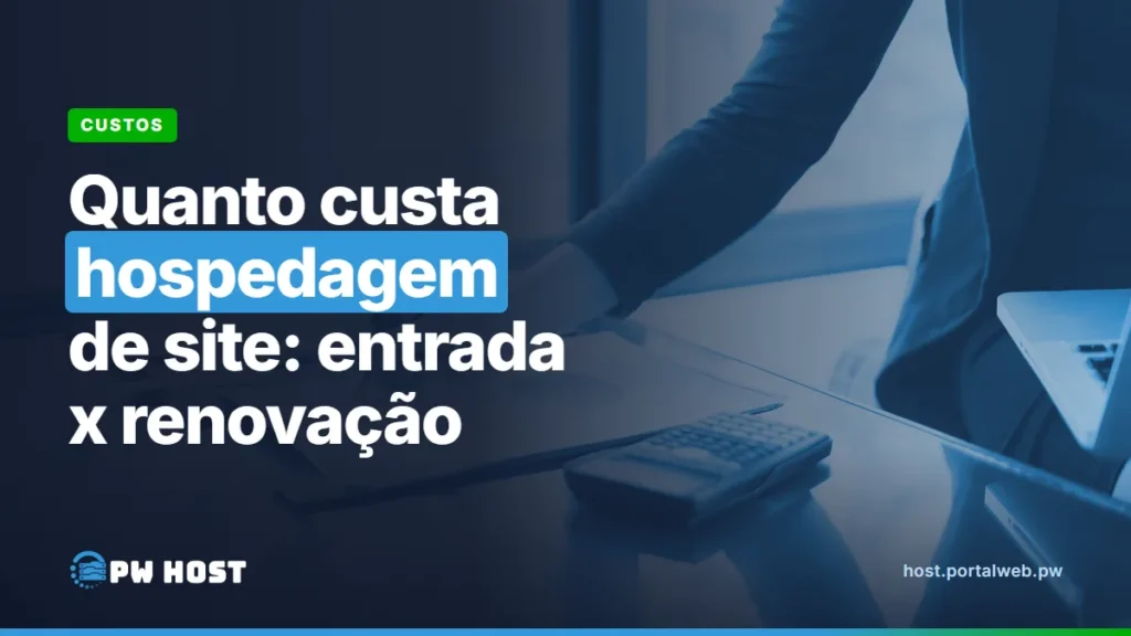 Quanto custa hospedagem de site: entrada x renovação. Foto: braço de uma pessoa apoiado numa mesa de vidro com papéis e uma calculadora, com um notebook na borda direita.