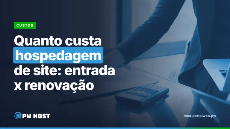 PW Host - Hospedagem de Sites Vitalícia e Sem Mensalidade Quanto custa hospedagem de site: entrada x renovação. Foto: braço de uma pessoa apoiado numa mesa de vidro com papéis e uma calculadora, com um notebook na borda direita.