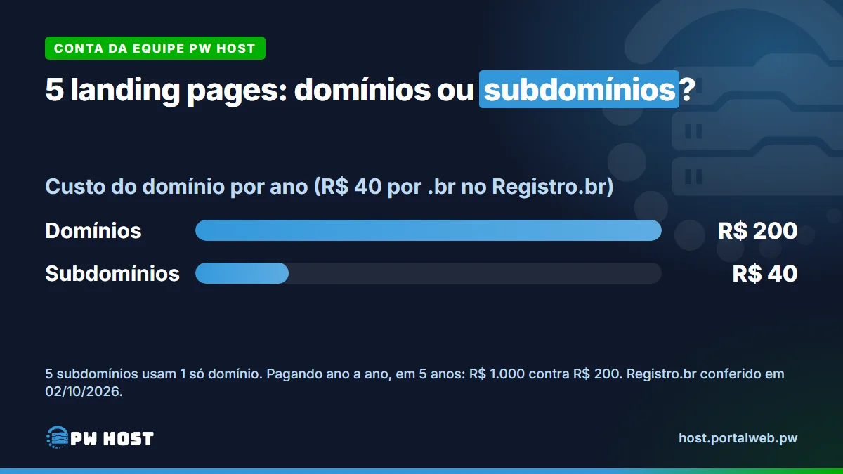 Gráfico de barras: 5 landing pages com 5 domínios custam R$ 200 por ano de domínio; com 5 subdomínios de um só domínio, R$ 40 por ano.
